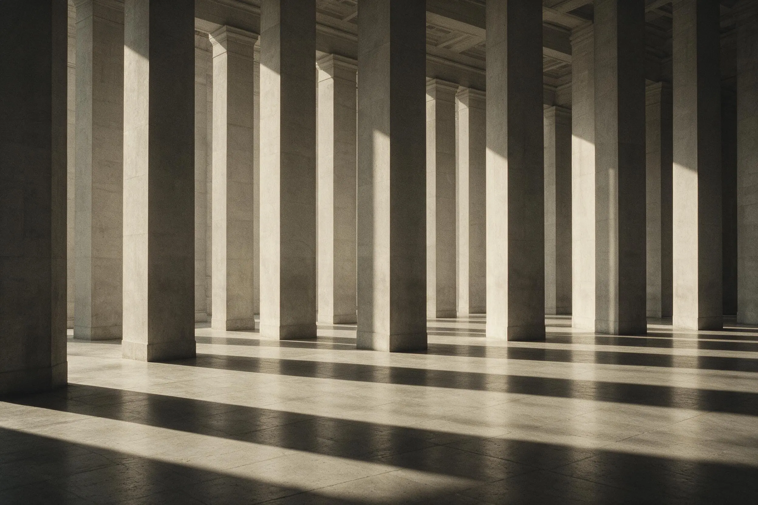 A colonnade of stone pillars casting long parallel shadows across a polished floor.